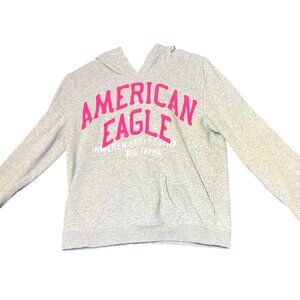 American Eagle Hoodie Womens Medium Grey Pink Logo Casual Sweatshirt Cozy Trendy